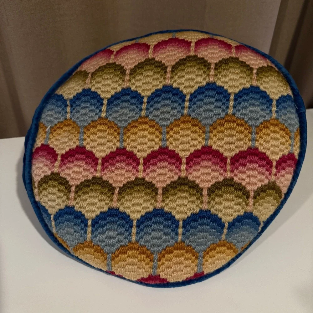 Vintage‎ Needlepoint Round Pillow Blue Velvet Accent Decorative Cushion